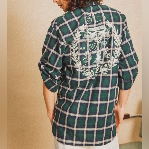 NWT Agua Bendita Chrissy Embroidered Logo Plaid Button Down Shirt Size M - Picture 1 of 10